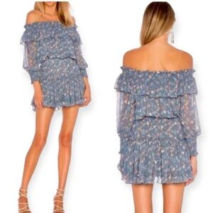 Misa Los Angeles Blue Off-Shoulder Mini Dress with Bishop Sleeves EUC